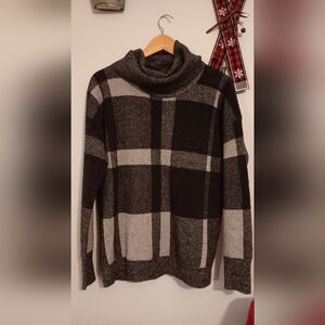 Banana Republic Large Black and Gray Plaid Turtleneck Sweater Wool Blend